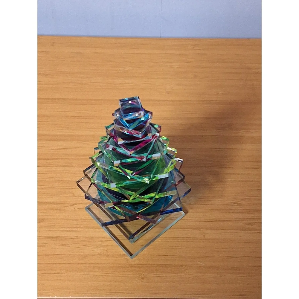M+J G Signed Dichroic Art Glass Christmas Tree Figurine Iridescent